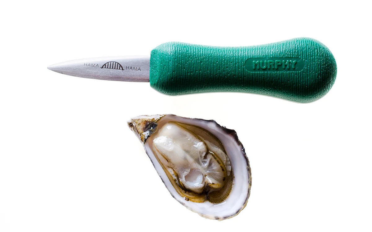 Hama Hama oyster shucking knife and a freshly opened oyster
