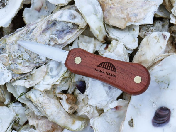 A oyster shucking knife with a rosewood handle, brass rivets, and a stainless steel blade sits on a pile of oyster shells.