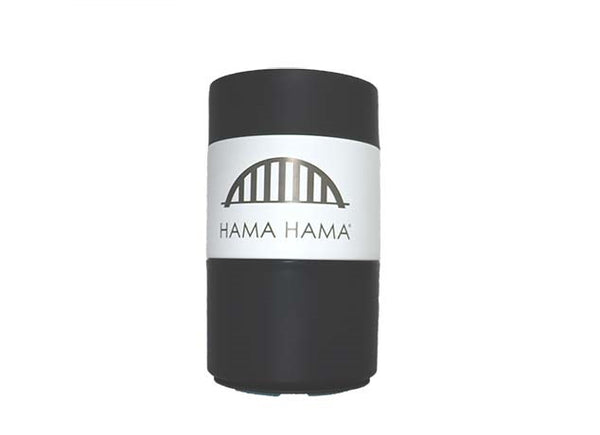 A picture of a Toadfish can cooler, in grey and white with the Hama Hama logo and iconic bridge on the white band aroudn the center of the cooler. It sits on a white background. 