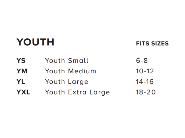 Youth Size Chart. YS - Youth Small Fits sizes 6 - 8 YM - Youth Medium fits sizes 10 - 12 YL - Youth large fits sizes 14 - 16 YXL Youth Extra Large fits sizes 18 -20 
